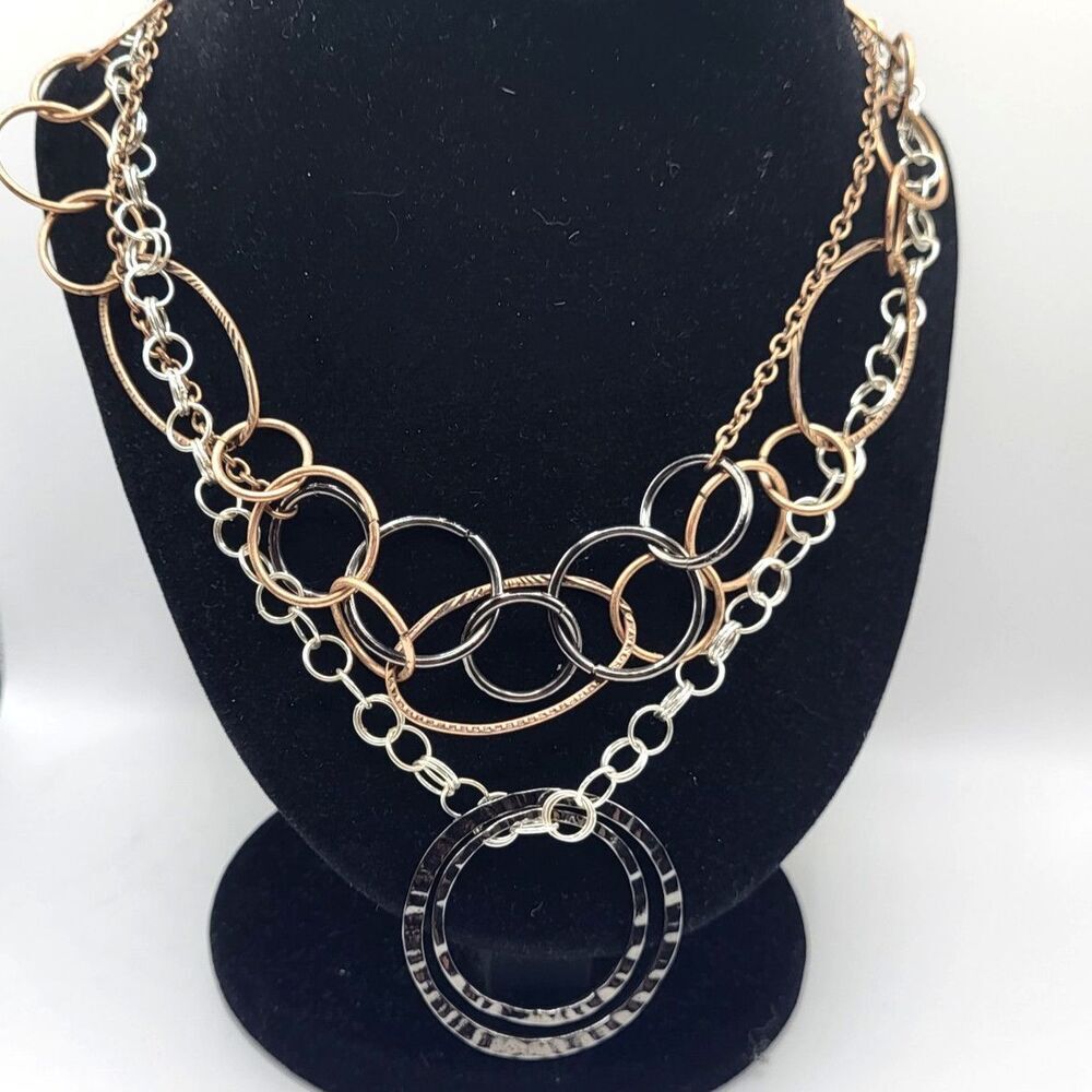 Chico's Multilayer Chain Necklace Gunmetal, silver, brown 22in